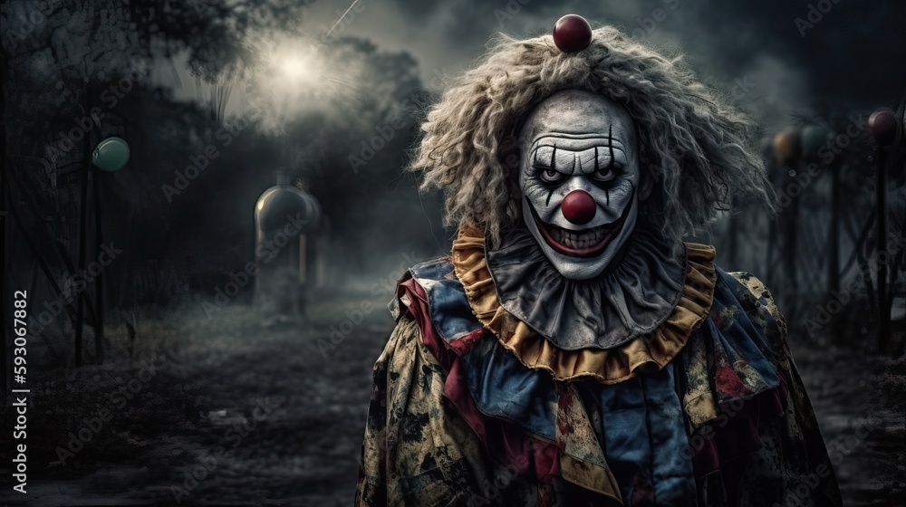 Fototapeta premium Horror clown and creapy funfair or circus. Generative AI 