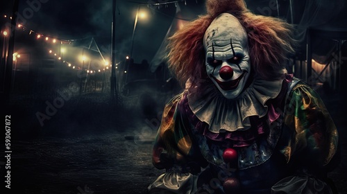 Horror clown and creapy funfair or circus. Generative AI
