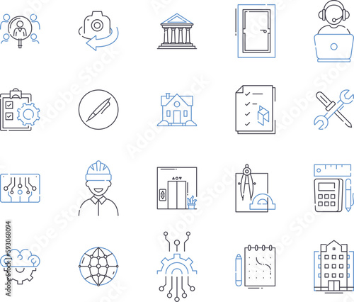 Engineering essentials outline icons collection. Engineering, Essentials, Design, Manufacturing, Engineering-Sciences, Structural, Automation vector and illustration concept set. Components, Systems