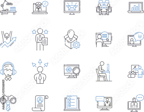 Working team outline icons collection. Collaborative, Unit, Cooperative, Productive, Efficient, Effective, Unified vector and illustration concept set. Group, Members, Professional linear signs