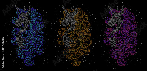 unicorn head appliqué with rhinestones, matrix 2 millimeters