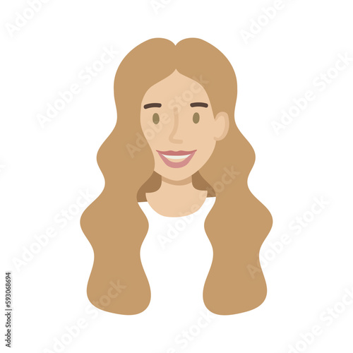 Girl face flat. Friendly young woman with long wavy brown hair. Hand drawn vector illustration.