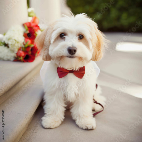 Valokuva a cute white puppy at a wedding