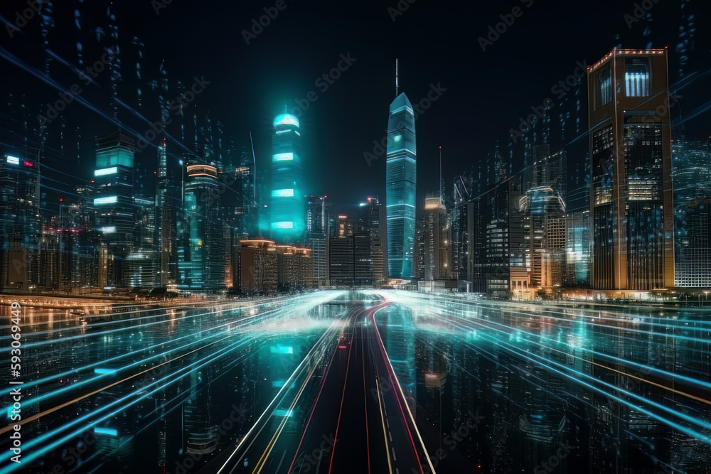 Digital and technological city with high speed lights. Generative Ai