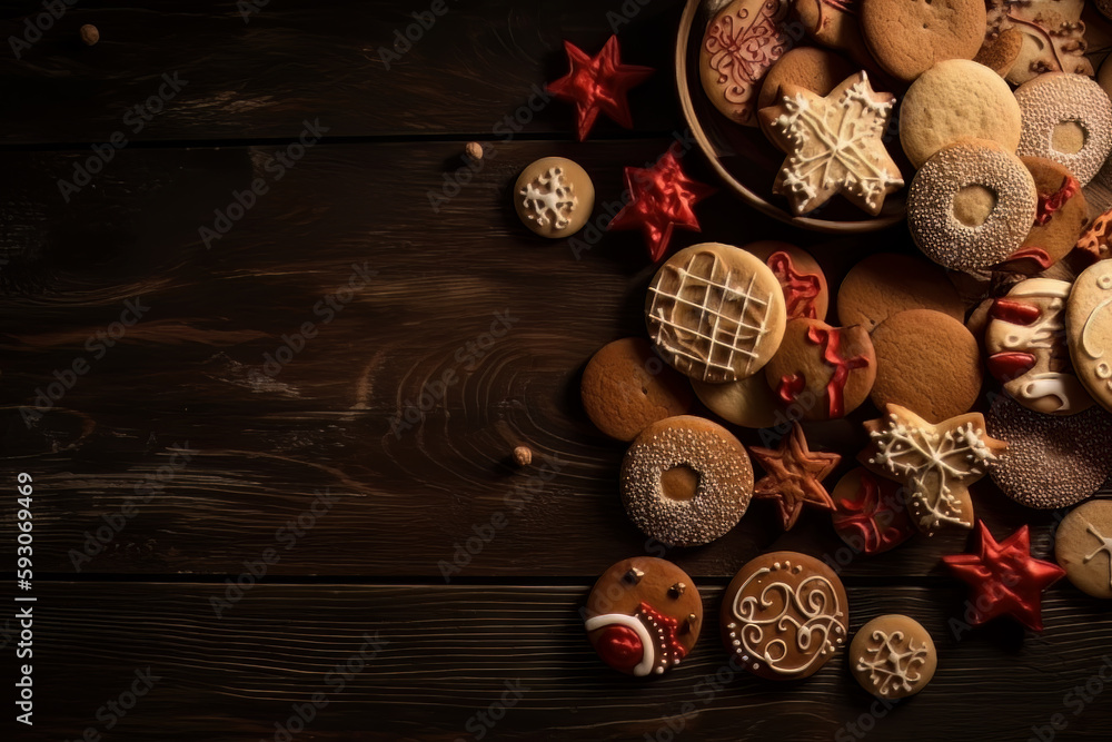 Top view of christmas cookies on wooden table with copy space. Generative Ai Top view of christmas cookies on wooden table with copy space. Generative Ai