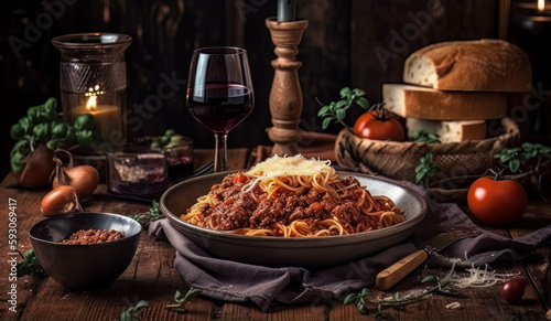 Illustration of a table with adish with Bolognese spaghetti with parmesan cheese on top, and a glass of red wine. Generative Ai