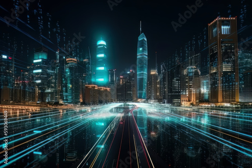 Digital and technological city with high speed lights. Generative Ai