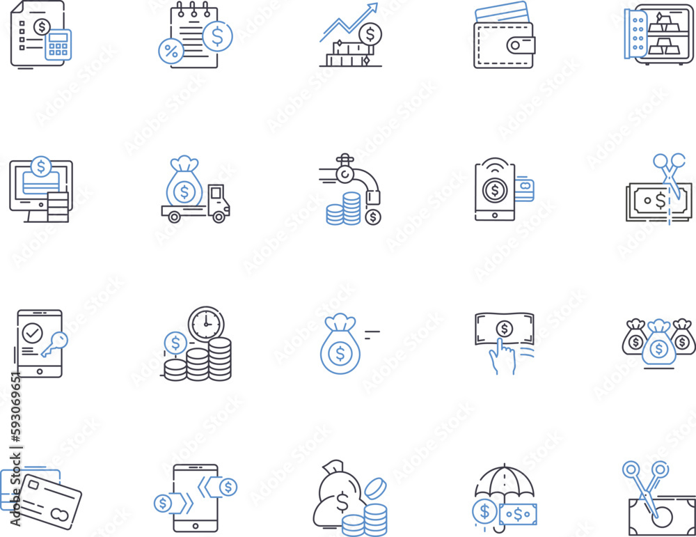 Money outline icons collection. Cash, wealth, funds, coin, currency, income, riches vector and illustration concept set. fortune, capital, pay linear signs