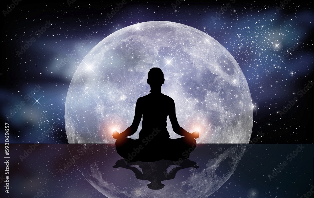 Young Woman meditating with moon or planet background Young Woman meditating with moon or planet background
