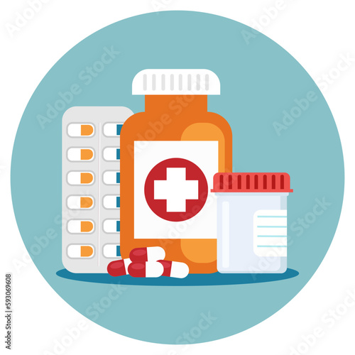 Pharmaceutical pill and medicine bottle, tubs with cups. Pharmacy treatment, health pill, medication vitamin and tablet, vector illustration