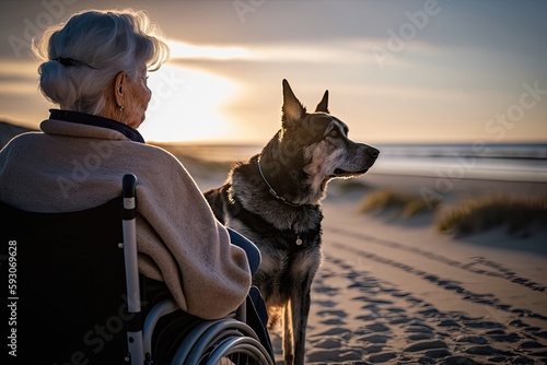 Disabled senior woman in the wheelchair enjoying sunset at the beach with the company of her dog. Created with generative AI