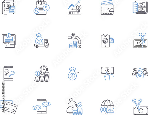 Money outline icons collection. Cash, wealth, funds, coin, currency, income, riches vector and illustration concept set. fortune, capital, pay linear signs