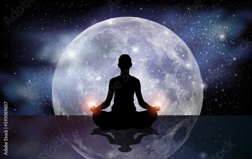 Young Woman meditating with moon or planet background