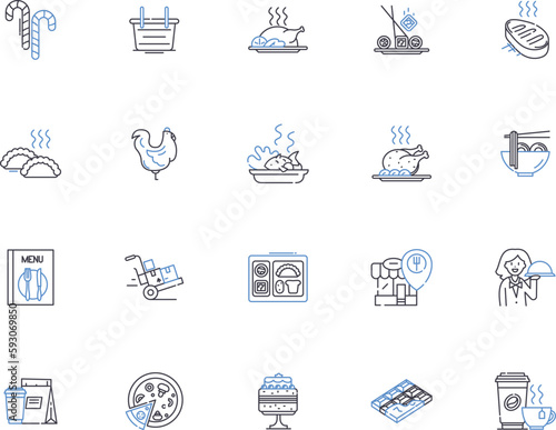Grocery store outline icons collection. Grocery, Store, Supermarket, Foods, Produce, Fruits, Vegetables vector and illustration concept set. Beverages, Dairy, Meats linear signs