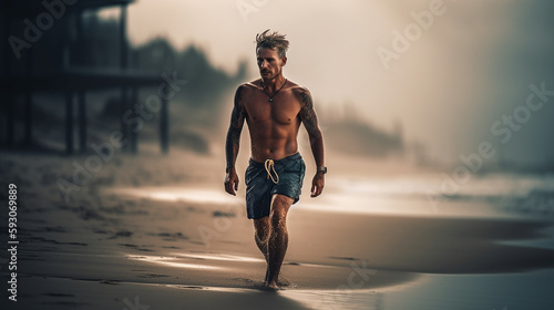 Mann läuft am Strand KI