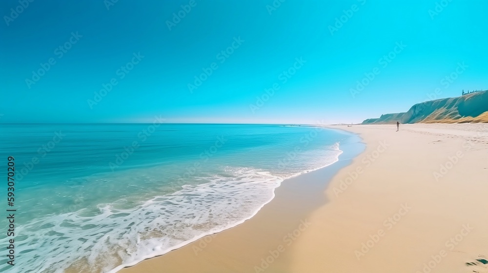 Tropischer Strand mit strahlend blauem Wasser. Blauer Himmel und Sonnenschein. Generative AI