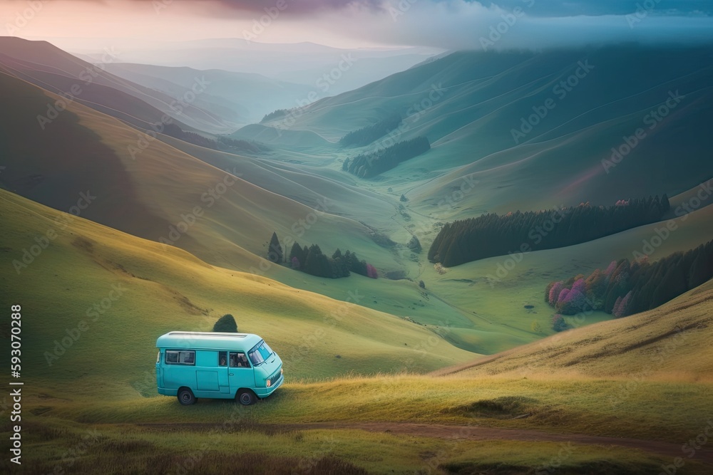 An vehicle, some mountains, and some foliage are shown in this vertical image. Generative AI An vehicle, some mountains, and some foliage are shown in this vertical image. Generative AI