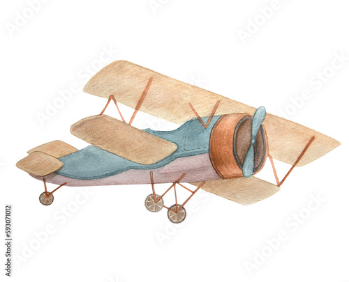 Watercolor illustration of an air balloon isolated on a white background. Vintage cartoon aerostat in brown, pink and turquoise colors. Can be used for children's room, textiles, postcards