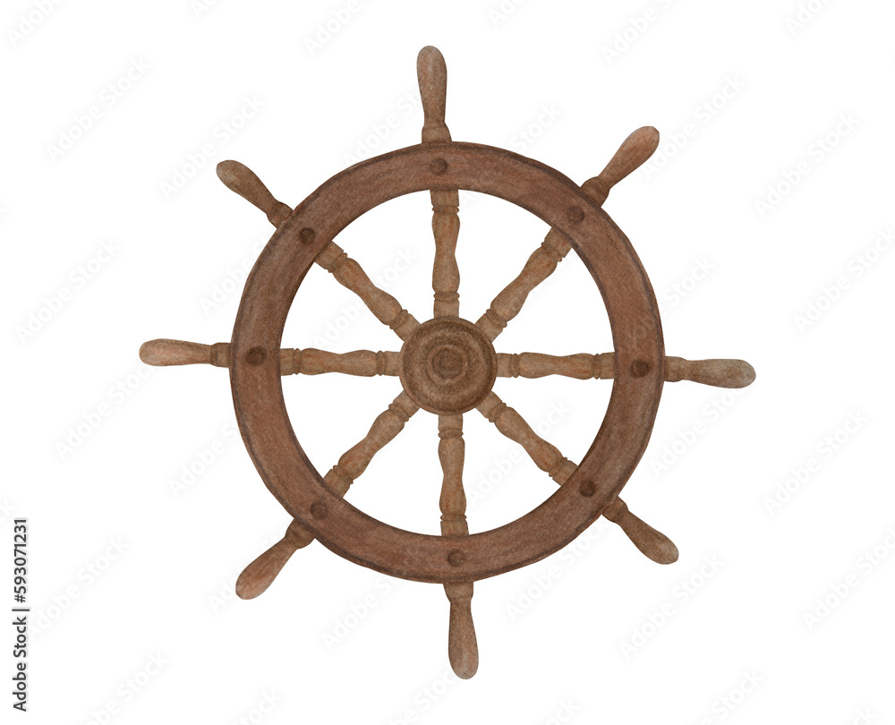 Watercolor illustration of a old ship steering wheel isolated on a white background. Antique cartoon steering wheel