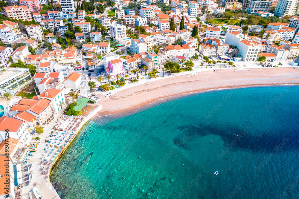 Town of Petrovac beach and coastline aerial view
