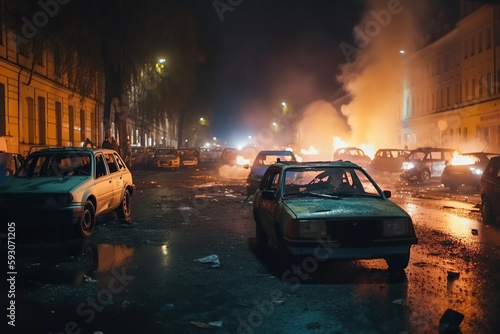 Street riots and showdowns at night, concept of Social unrest and civic unrest, created with Generative AI technology photo