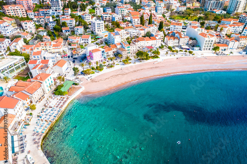 Town of Petrovac beach and coastline aerial view