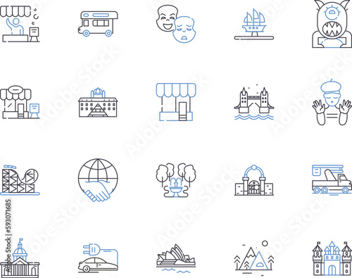 City and shops outline icons collection. City, Shops, Shopping, Marketplace, Outlets, Malls, Storefronts vector and illustration concept set. Boutiques, Retail, Metropolis linear signs