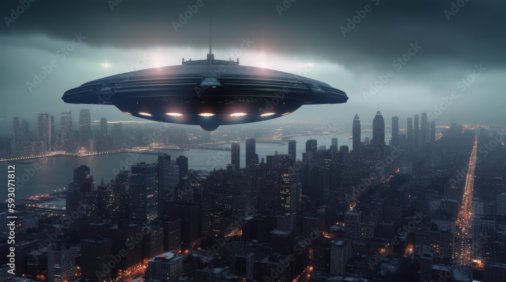 A gigantic spaceship ufo with neon lights hovering a futuristic city ...