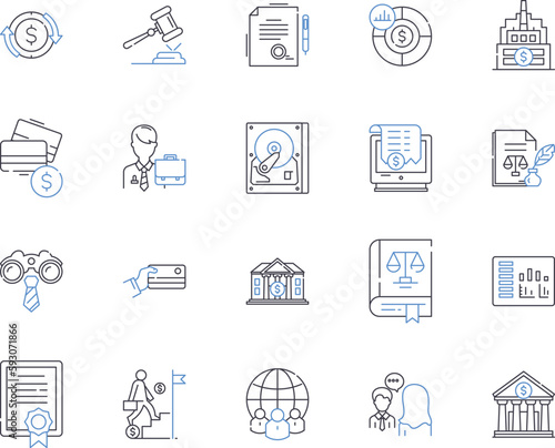 Bank legal outline icons collection. Bank, Legal, Contract, Finance, Law, Issues, Rights vector and illustration concept set. Compliance,Agreement,Rule linear signs