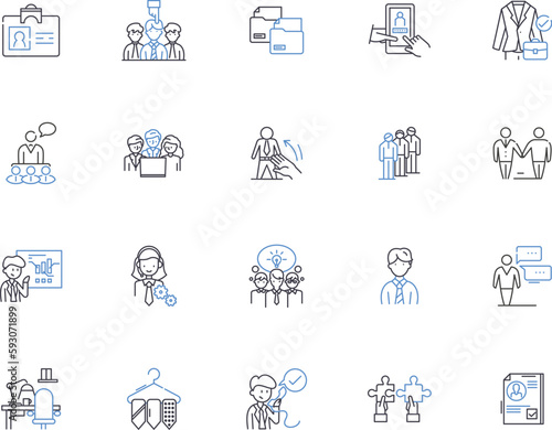 Office outline icons collection. Workplace, Desk, Chair, Computers, Stationery, Printer, Filing vector and illustration concept set. Management, Supplies, Clerical linear signs