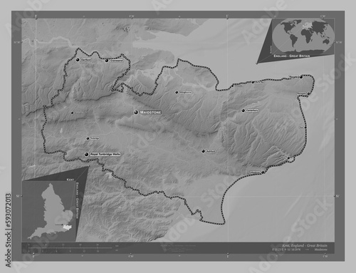 Kent, England - Great Britain. Grayscale. Labelled points of cities photo