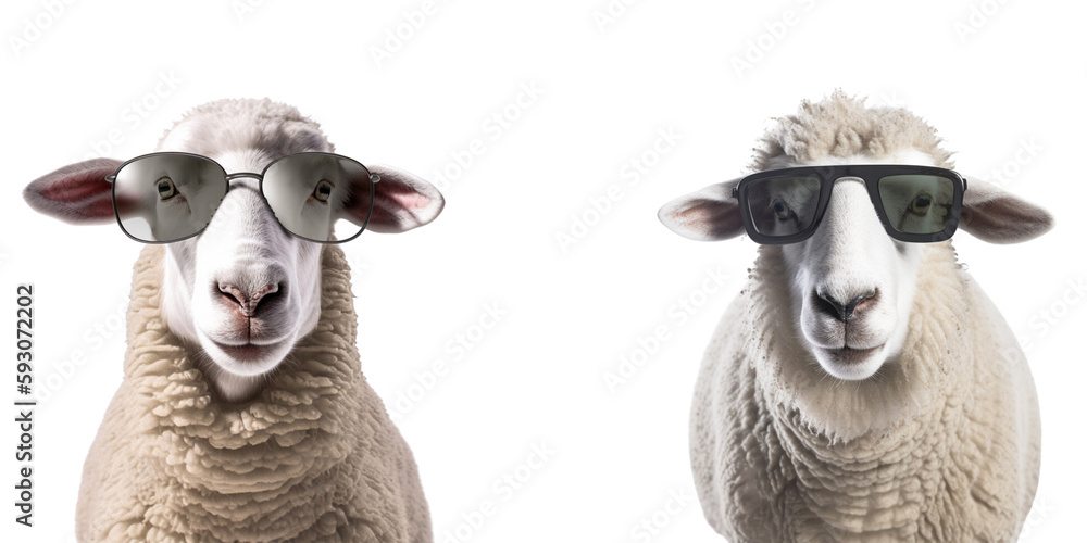 Closeup portrait of funny sheep wearing sunglasses over png background created with Ai