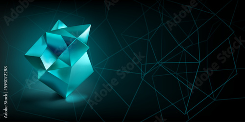 Abstract background with a light blue low-poly 3d object in the form of a polyhedron and a outlines of geometric shapes on a dark background