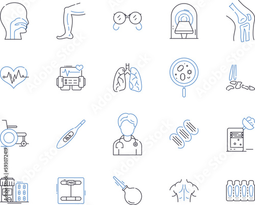 Medical centre outline icons collection. Clinic, Hospital, Health, Medical, Centre, Care, Treatment vector and illustration concept set. Diagnosis, Physician, Surgery linear signs