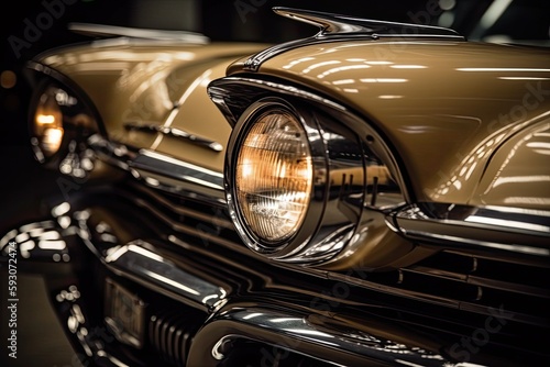 a close-up of the headlights of a beige vintage automobile. Generative AI