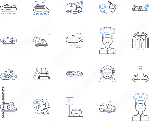 Transport and travel outline icons collection. Logistics, Planes, Boats, Trains, Roads, Ridesharing, Buses vector and illustration concept set. Autos, Taxis, Cabs linear signs