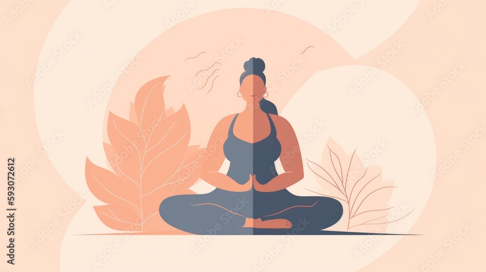 A digital illustration of a woman with a realistic body doing yoga and meditating. Body positivity concept. Generative AI. 