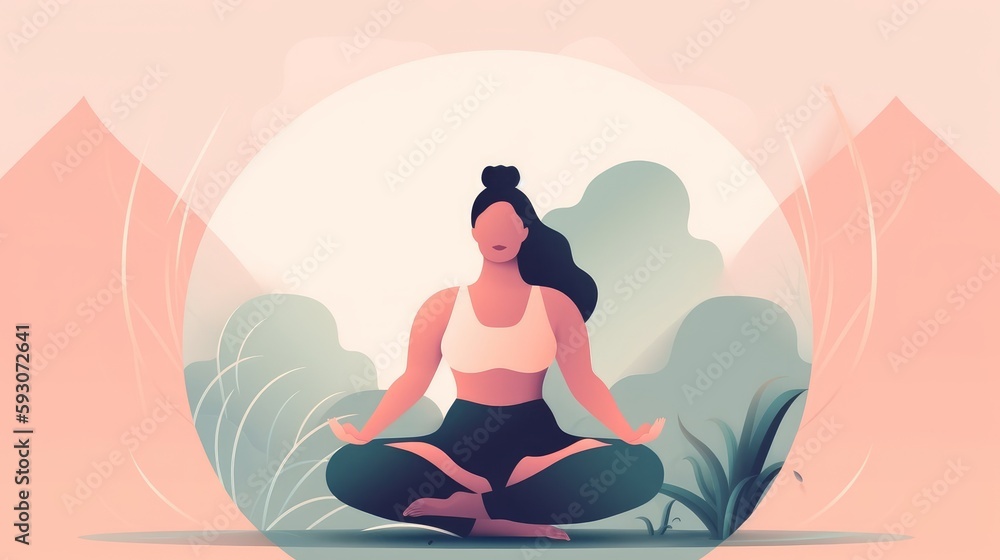 A digital illustration of a woman with a realistic body doing yoga and meditating. Body positivity concept. Generative AI. 