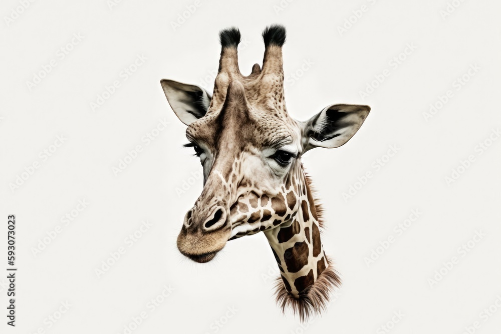 Obraz premium The head of a giraffe is hanging upside down. Goode the giraffe looks down with curiosity. on a white background, alone. Generative AI