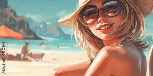 Beautiful girl at the beach, illustration, generative AI