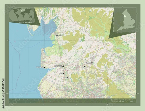 Lancashire, England - Great Britain. OSM. Labelled points of cities photo