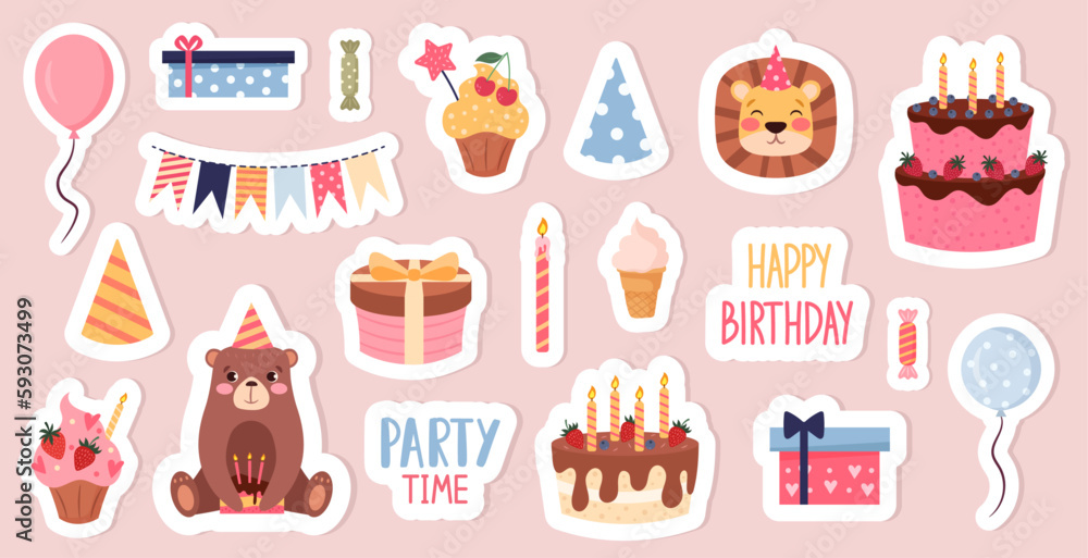 A set of cute stickers with animals and party elements. Vector illustration of a birthday