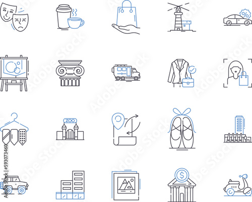 City and shops outline icons collection. City, Shops, Shopping, Marketplace, Outlets, Malls, Storefronts vector and illustration concept set. Boutiques, Retail, Metropolis linear signs