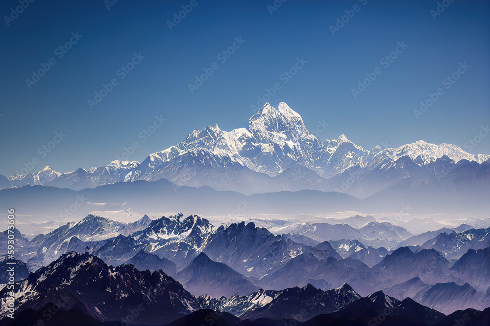 High mountain range and snowy peaks against the blue sky. Mountain landscape created with Generative AI technology.