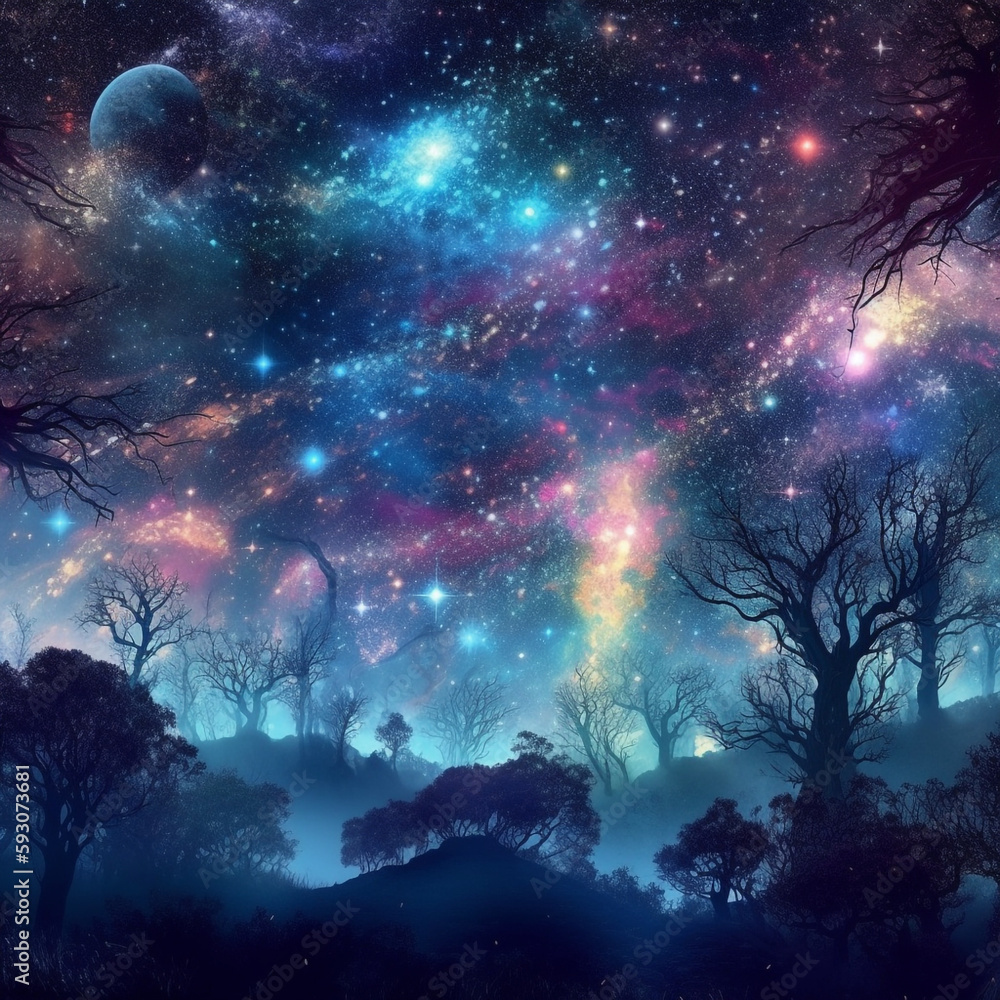 A sky full of stars in the night. A never-ending dream in a night landscape with colorful starry nebula. Mist and mystery in the trees. Celestial wonder