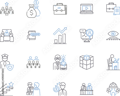 Career and management outline icons collection. Career, Management, Professional, Job, Employment, Advancement, Success vector and illustration concept set. Resume, Networking, Industry linear signs