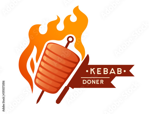 Kebab grill meat with skewer and fire logo design vector illustration on white background