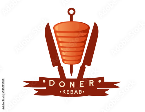 Kebab grill meat with skewer and knives logo design vector illustration on white background