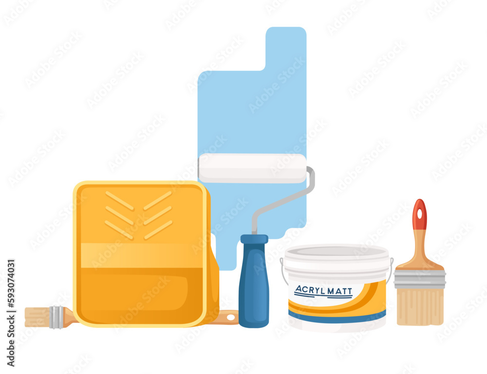 Home renovation with paint roller and acryl matt vector illustration isolated on white background Home renovation with paint roller and acryl matt vector illustration isolated on white background