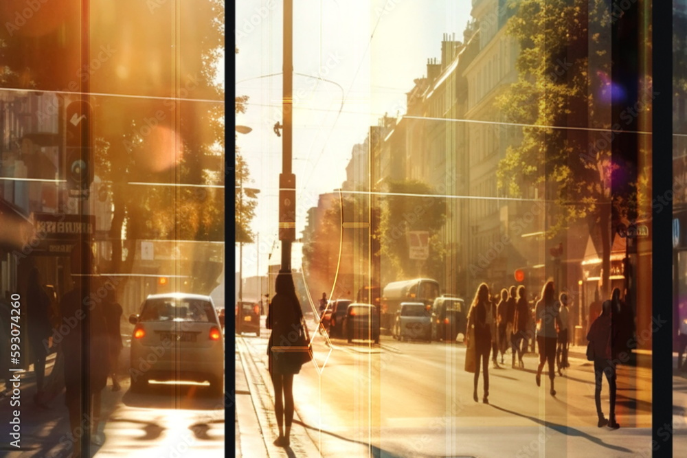 sunset city street panorama view on town from windows glass frame shadow